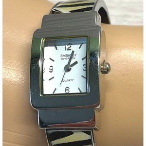 Embassy by Gruen Watch Bracelet Tiger Print Silver Tone Quartz Rhinestones